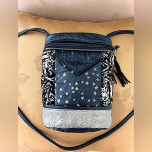 Leather and Suede Mixed Media Black and Gold Handbag Crossbody